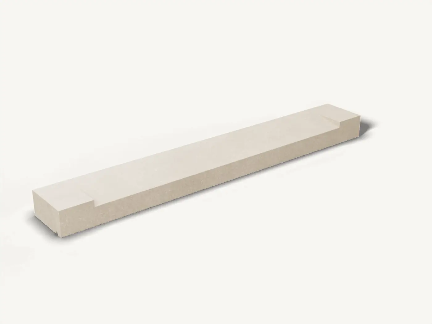 Render of a limestone window sill, 1100 by 150 by 75 mm, with a top that slopes to the front, a drip groove underneath and raised flat stools at both ends