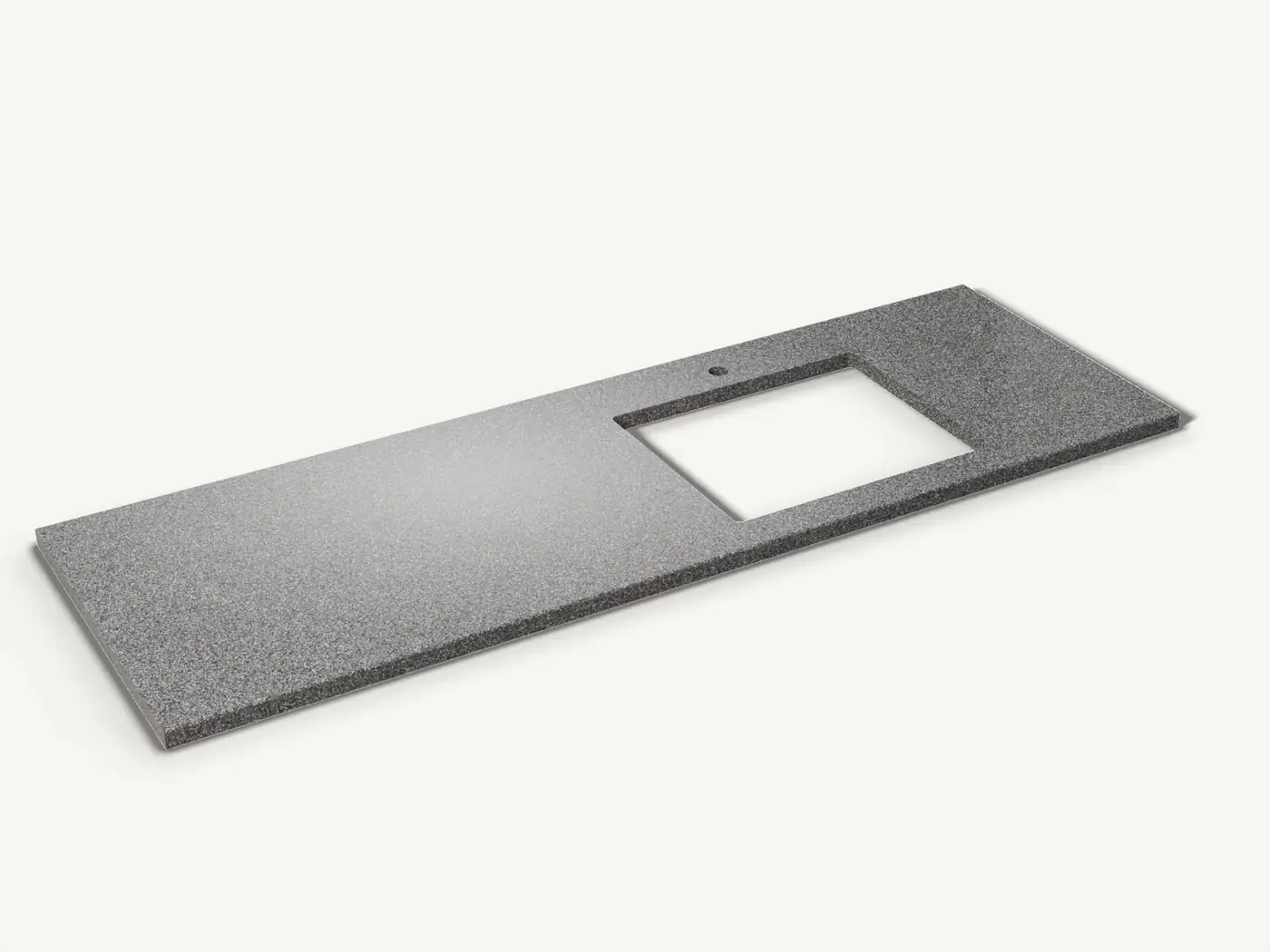 Render of a polished grey granite worktop, 1800 by 600 by 30 mm, with an undermount sink cut-out and a tap hole